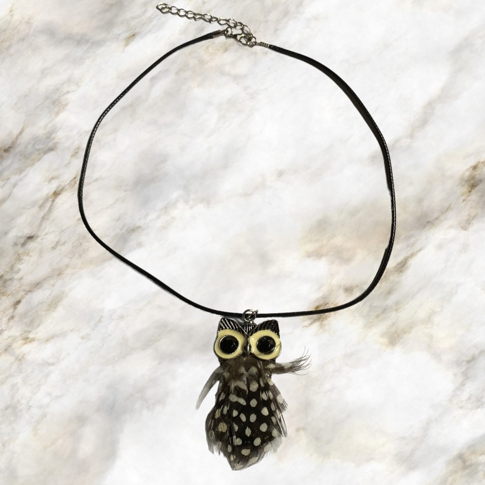 Hand Crafted Necklace Owl Feather Brown Pendant Adjustable Faux Leather - Picture 2 of 9